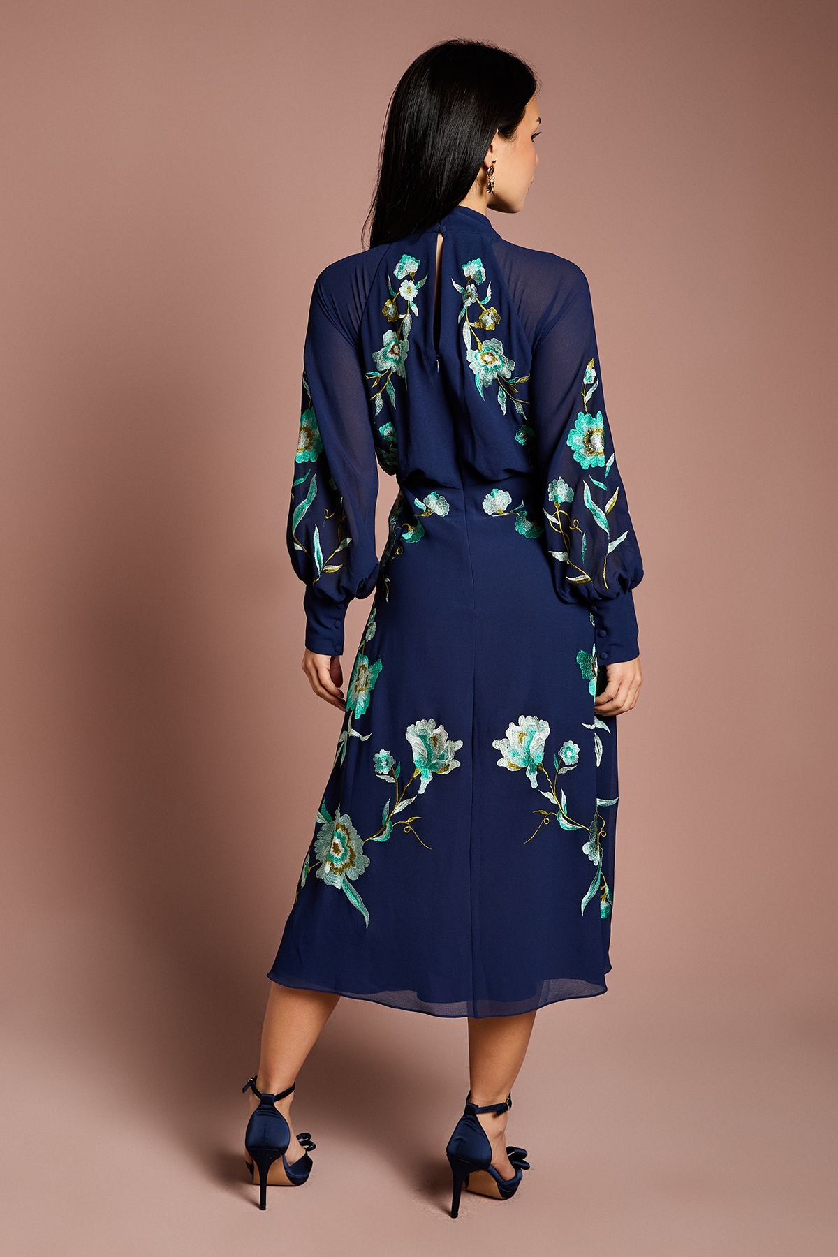 Coast Coast Women's Petite High Neck Long Sleeve Floral Embroidered Midi Dress in Navy - 3