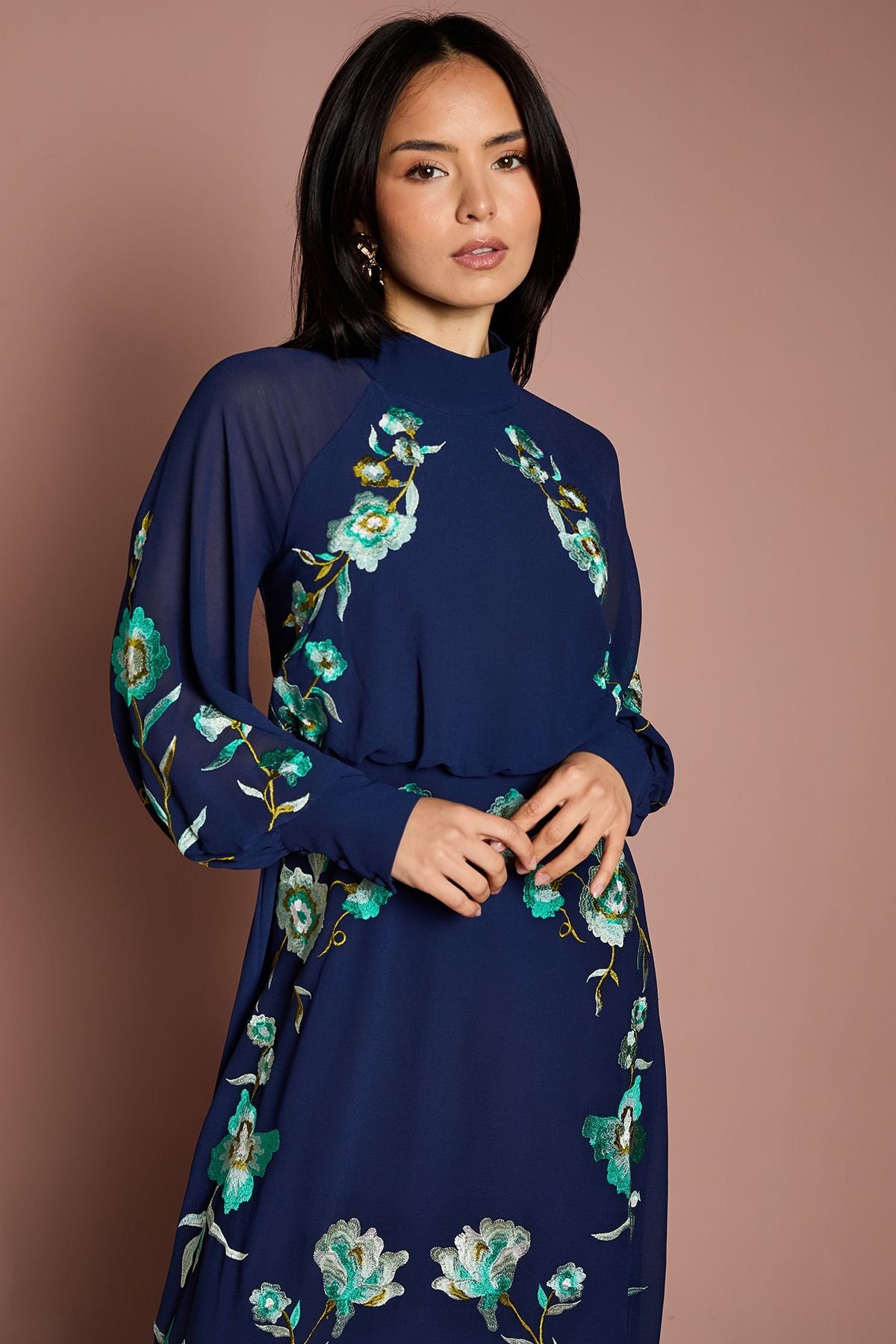 Coast Coast Women's Petite High Neck Long Sleeve Floral Embroidered Midi Dress in Navy - 4