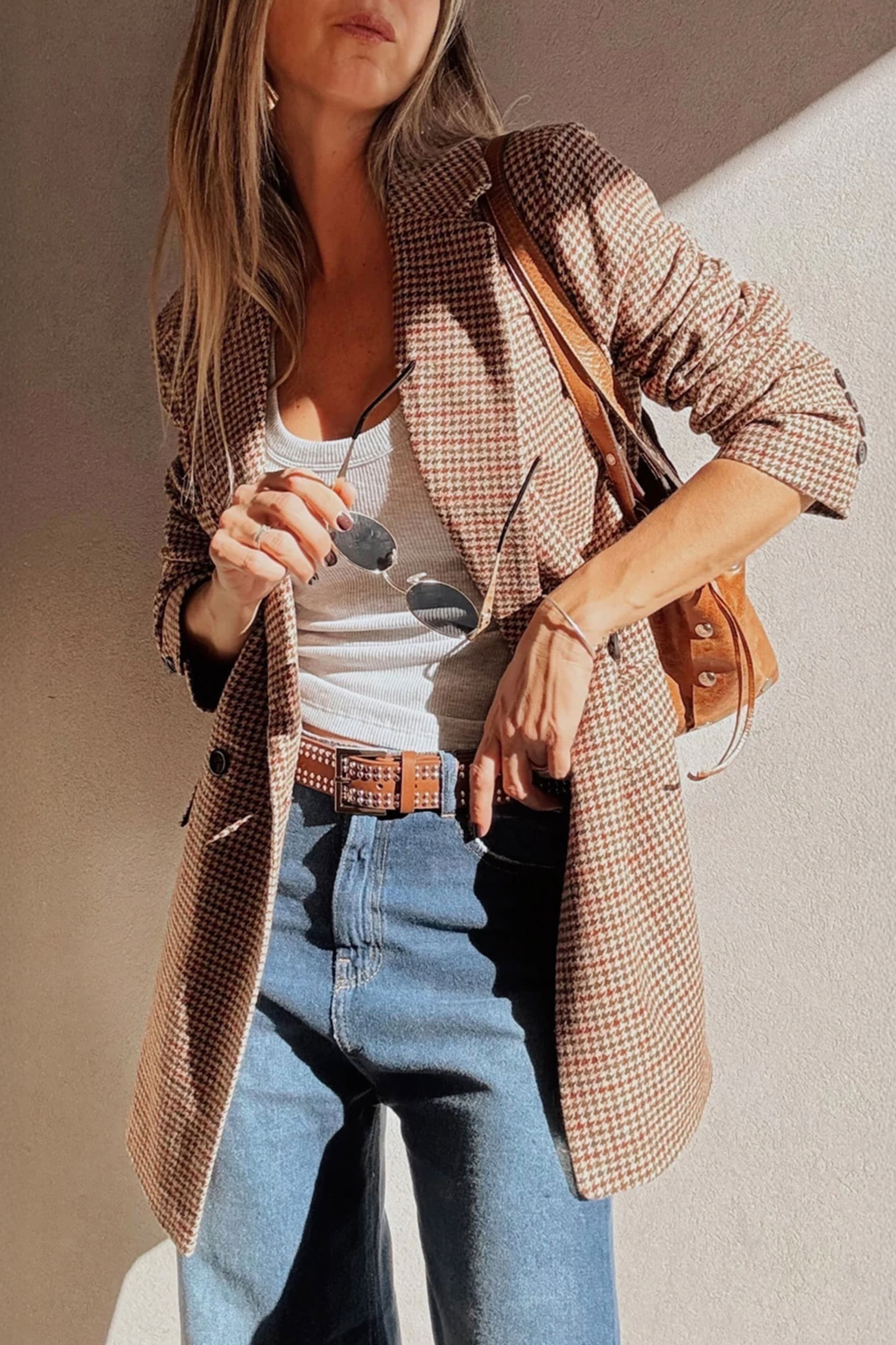 Everyday The Label Everyday The Label Women's Elegant Houndstooth Patterned Classic Blazer For Sophisticated Style in Brown
