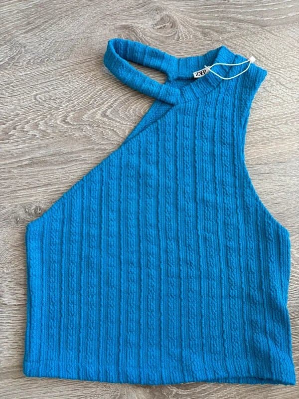 Zara Zara Blue Knitted Halterneck Top small Y2K Ribbed Stretch Sleeveless Summer Festival