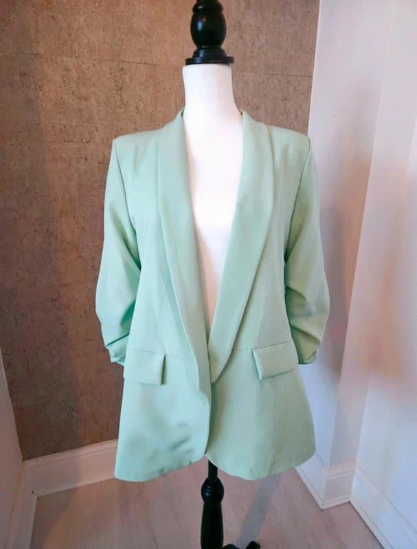 Elsa Womens new boutique green mint sage scrunch 3/4 sleeve blazer dressy smart spring jacket outerwear