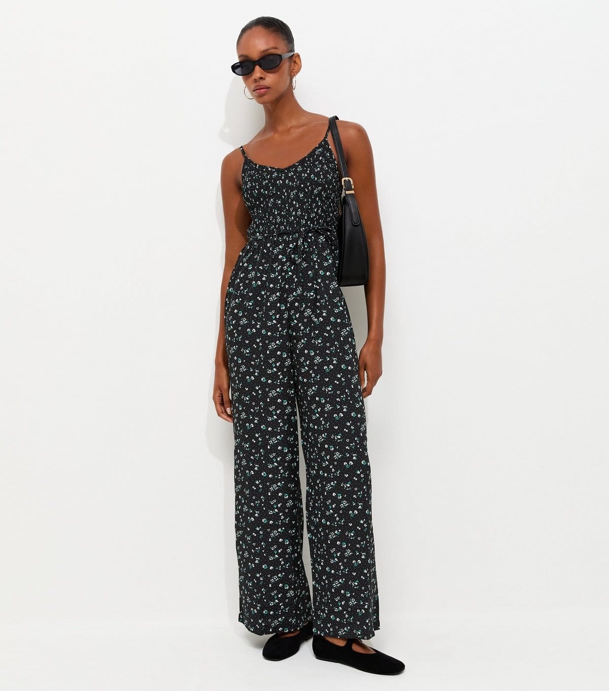 Women's Black Ditsy Floral Shirred Wide Leg Jumpsuit New Look