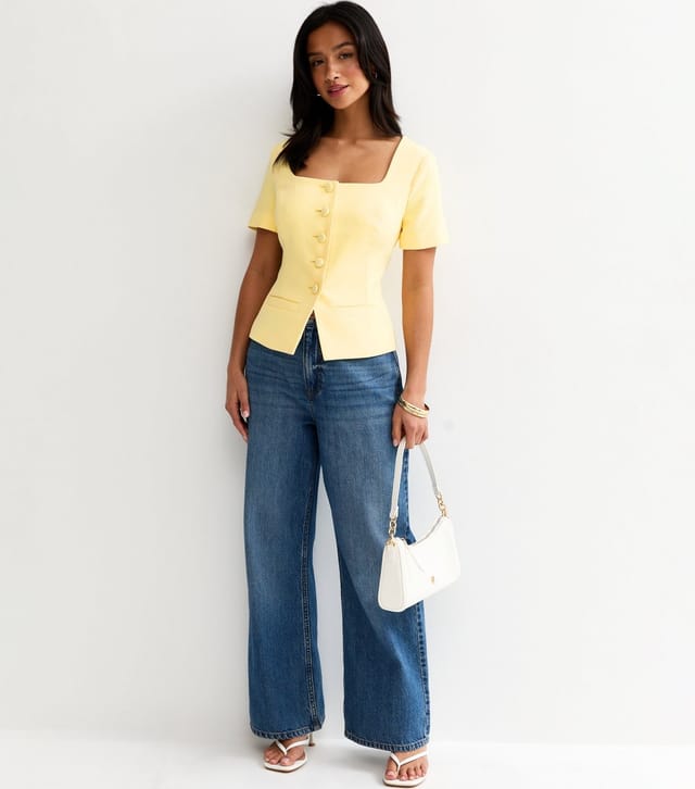 New Look Women's Petite Light Yellow Square Neck Short Sleeve Blazer Top New Look - 2