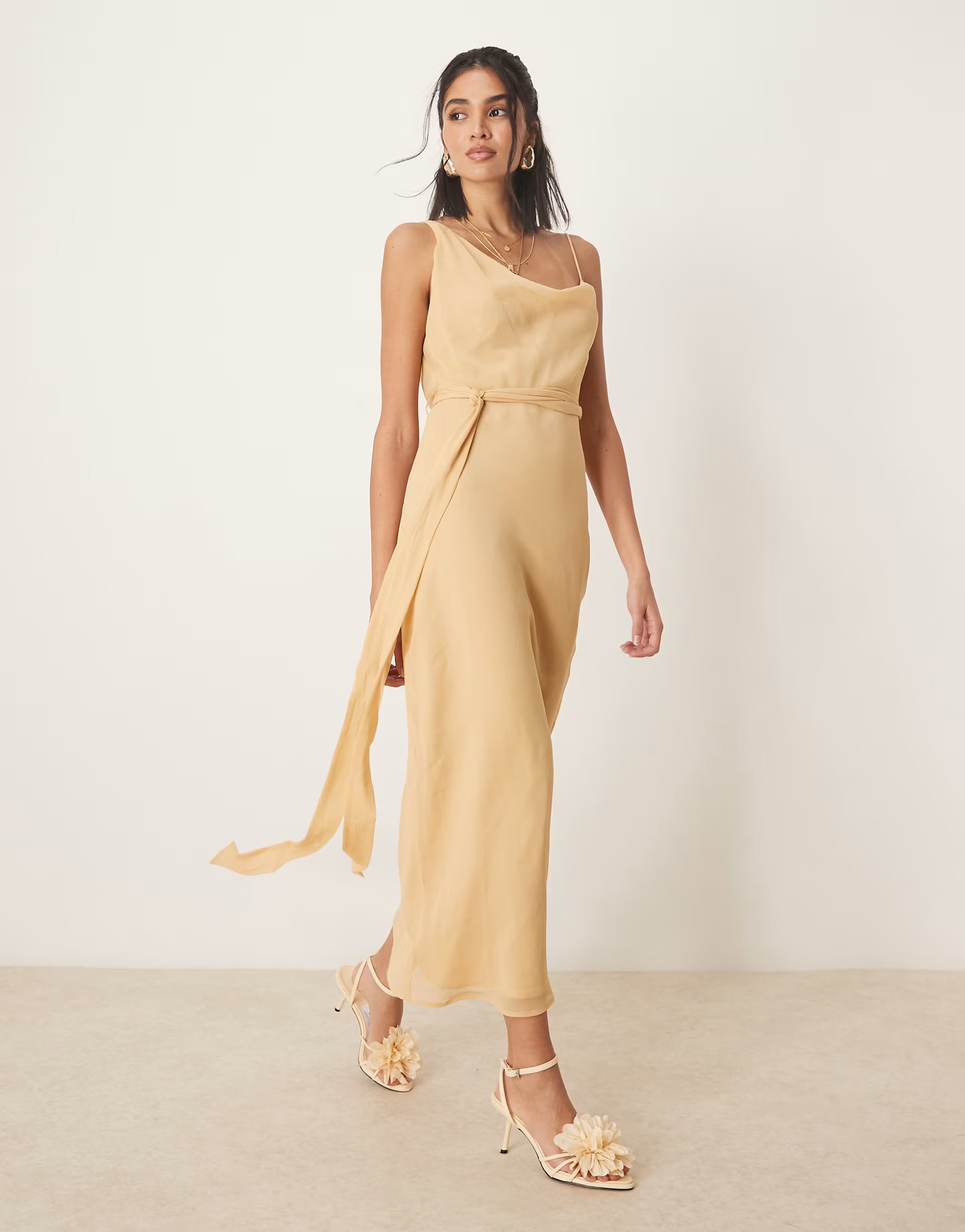 ASOS ASOS DESIGN asymmetric cowl neck slip midaxi dress with wrap around tie detail in sand - 1