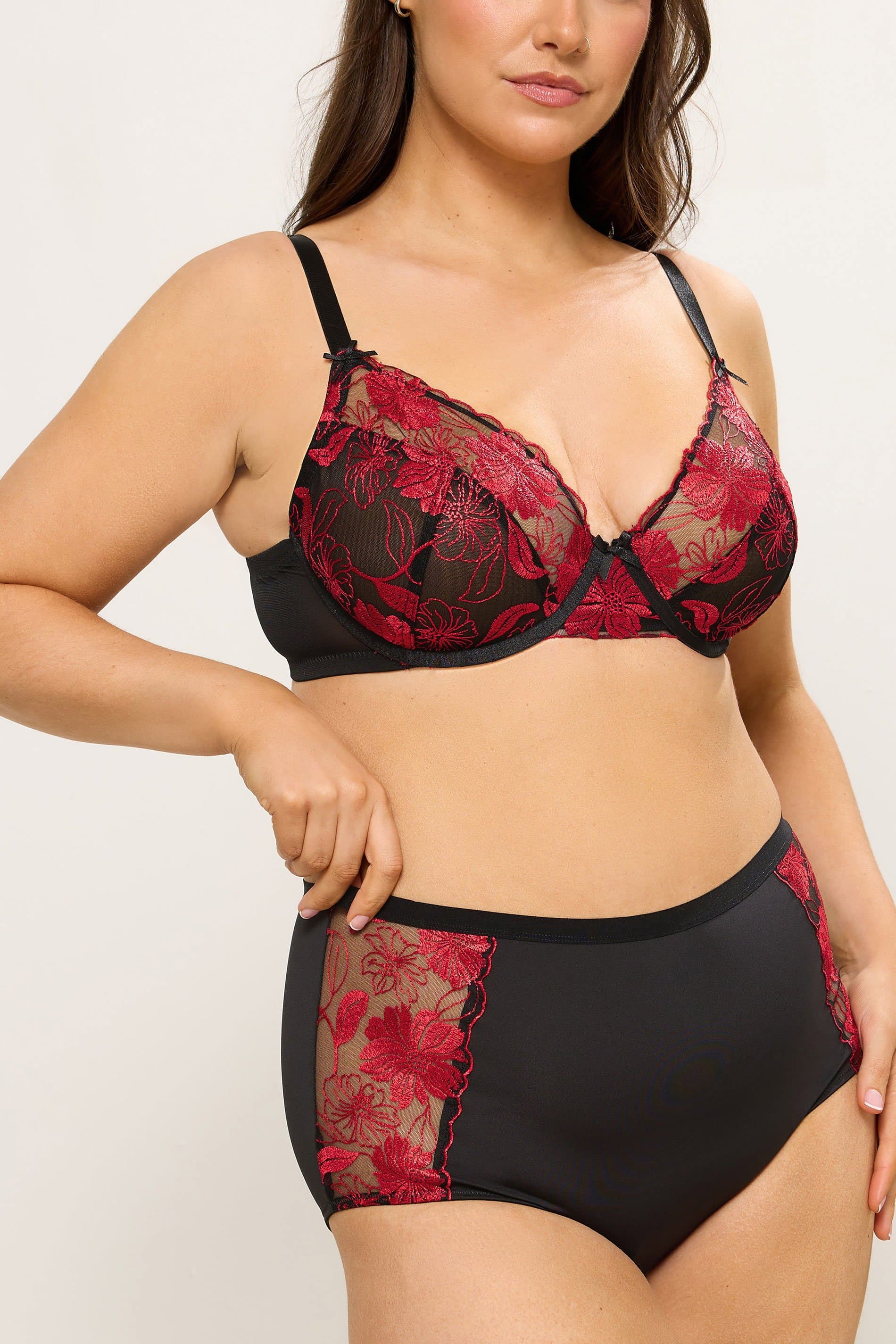 Yours Plus Size Black & Red Floral Embroidered Full Brief