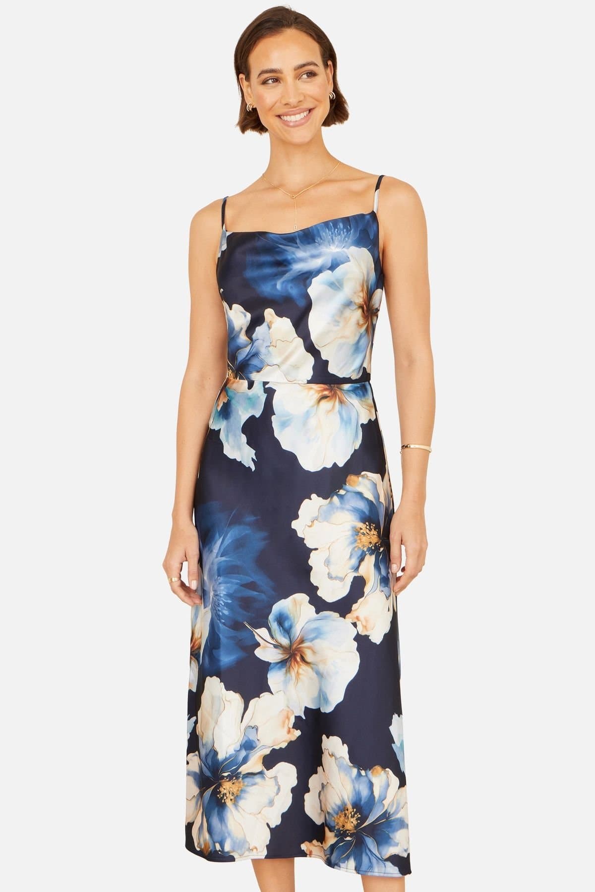 Yumi Yumi Women's Satin Cowl Neck Floral Dress in Navy