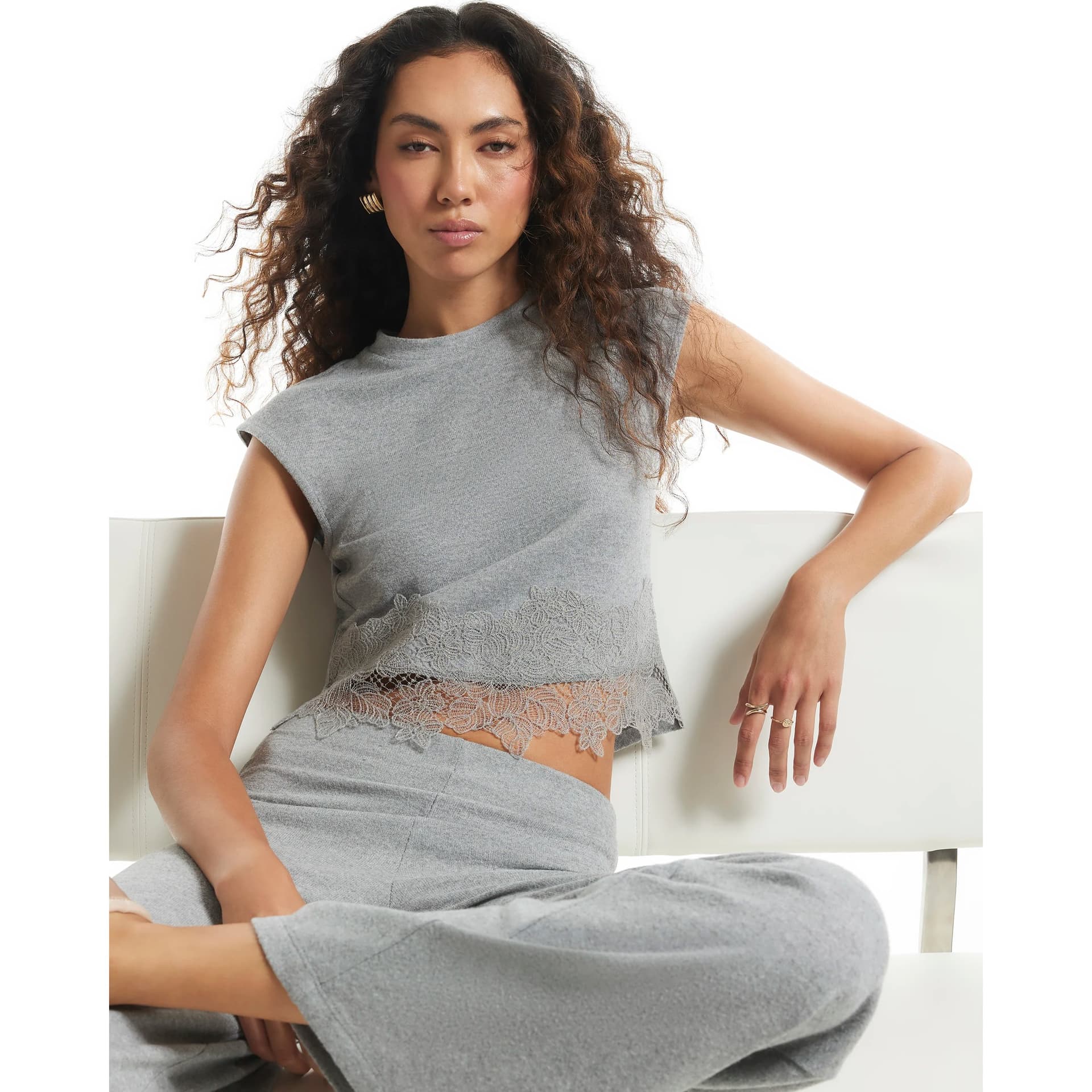 River Island River Island Womens Grey Cosy Lace Hem Tank Top