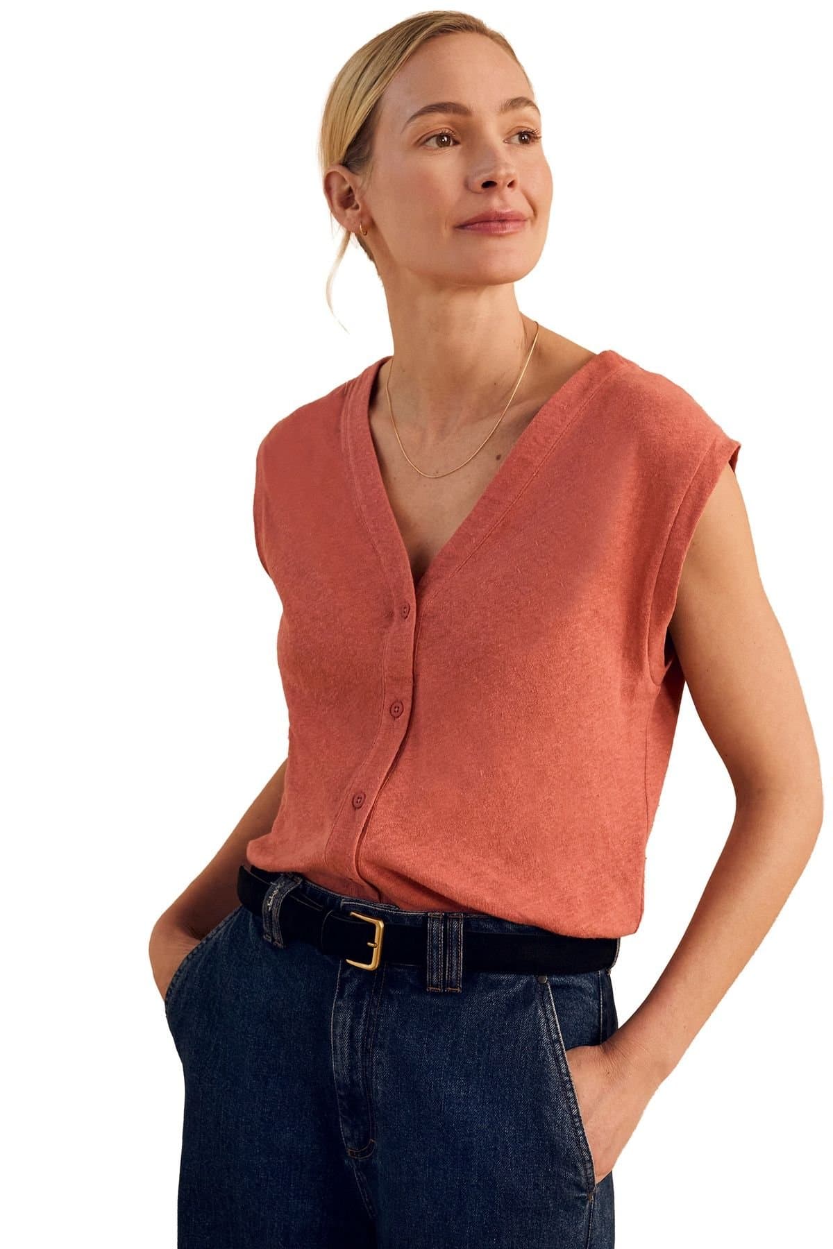 Celtic & Co Celtic & Co Light Red Linen Blend Button-Through Top