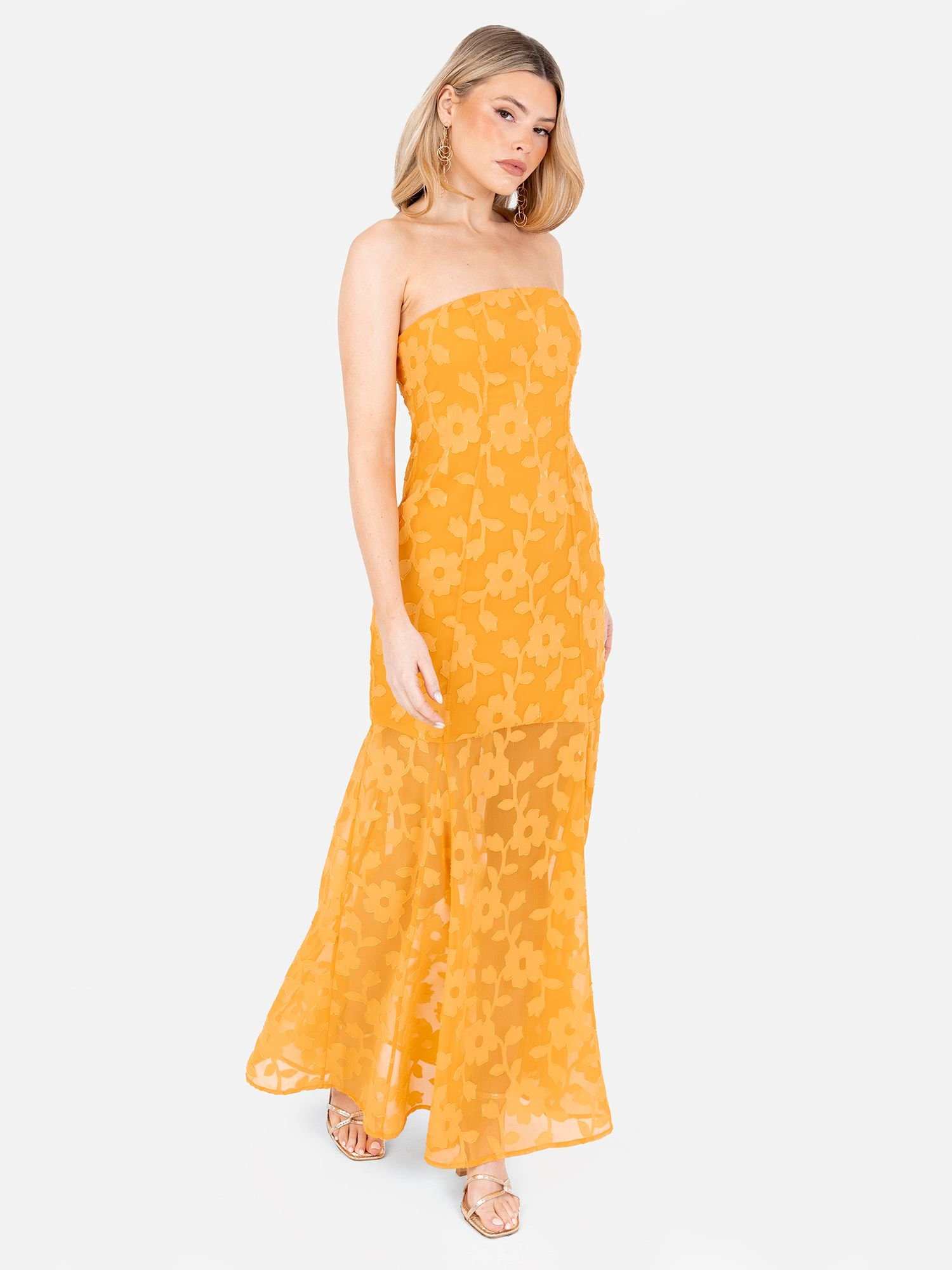 Anaya with Love Anaya with Love Women's Floral Burnout Bandeau Maxi Dress in Orange - 3