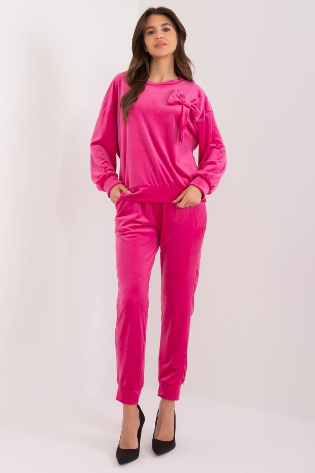 Love Lace Love Lace Women's Velour Bow Front Sweatshirt & Pants Set in Fuchsia