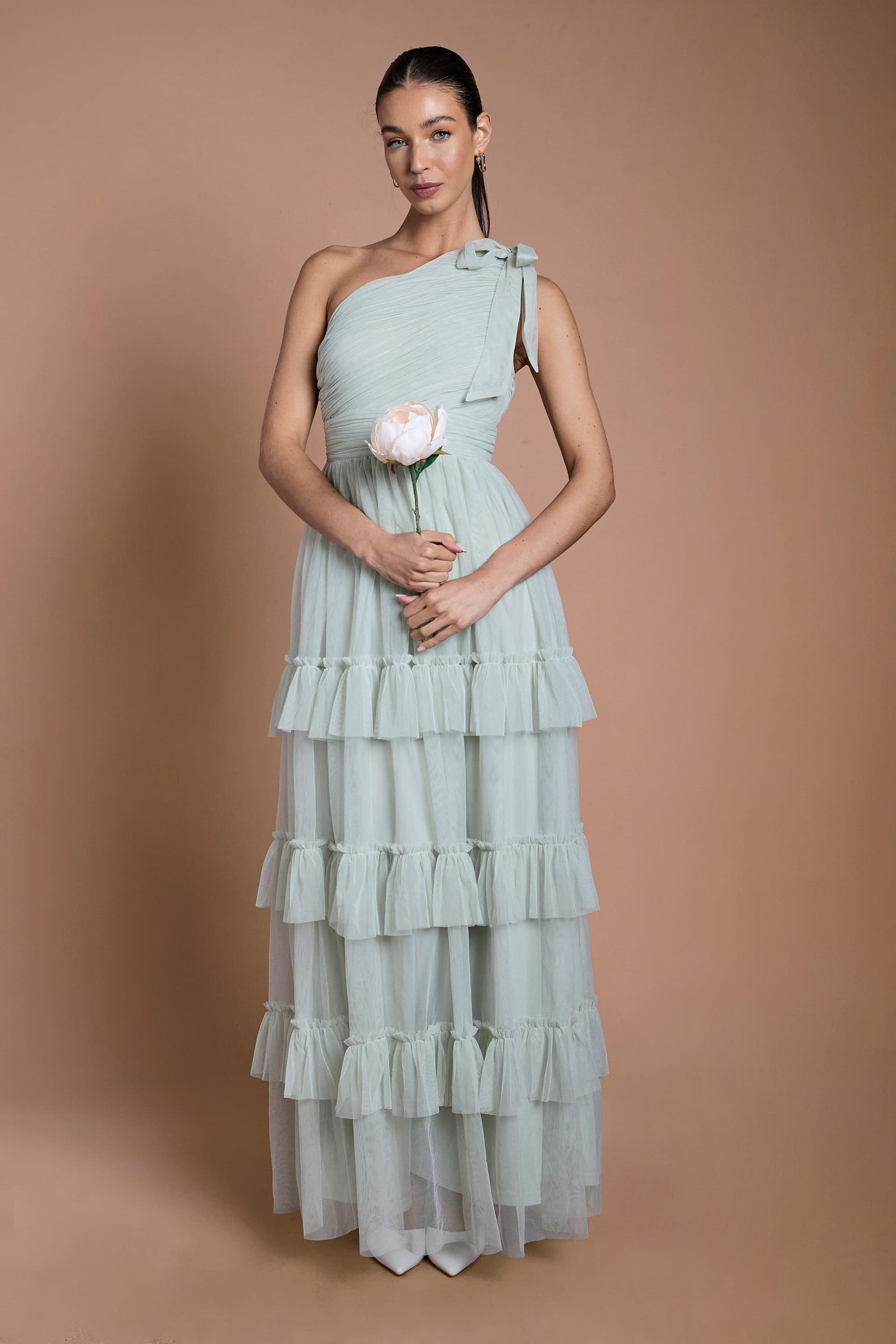 Oasis Oasis Women's Sage Pleated Mesh One Shoulder Tiered Maxi Bridesmaid Maxi Dress