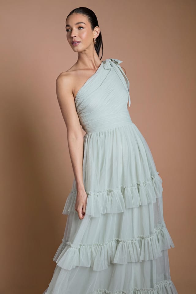 Oasis Oasis Women's Sage Pleated Mesh One Shoulder Tiered Maxi Bridesmaid Maxi Dress - 2