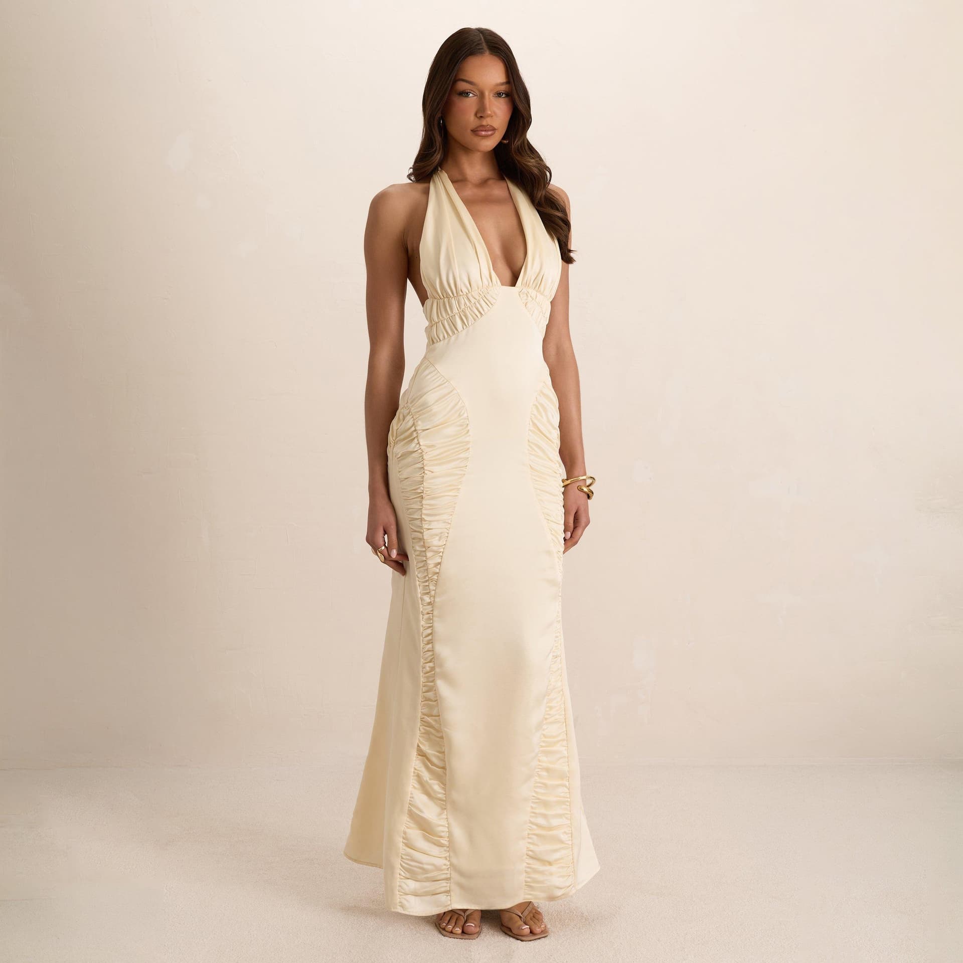 EGO Plunge Halterneck Shirred Detail Maxi Dress In Cream Satin, Women's Size UK 6