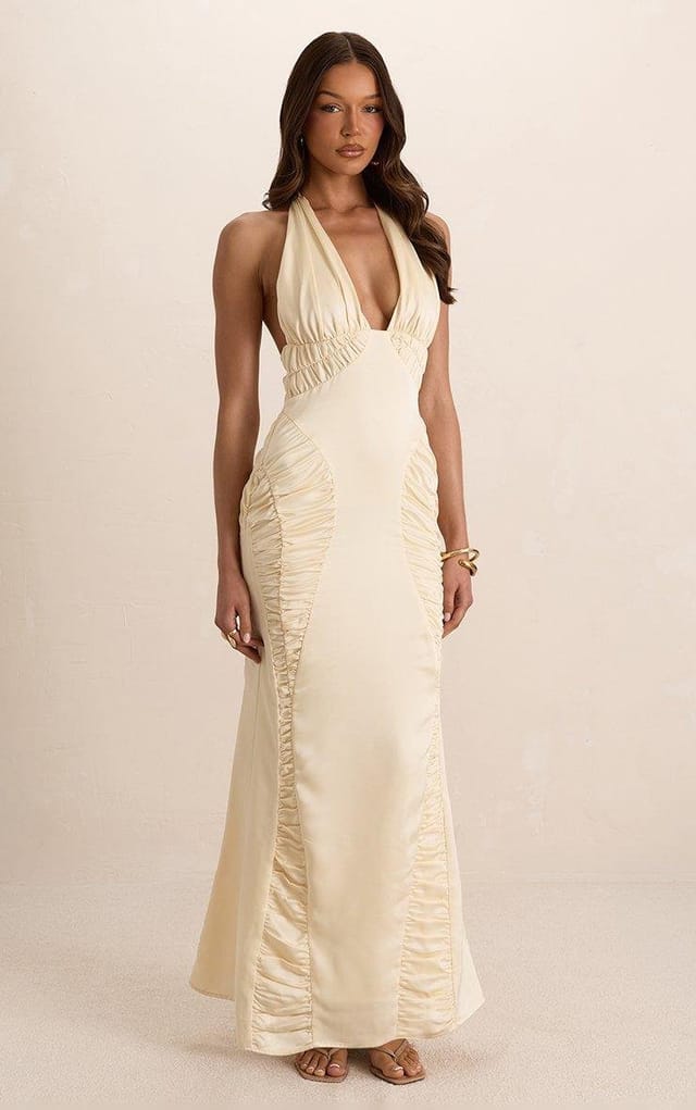 EGO Plunge Halterneck Shirred Detail Maxi Dress In Cream Satin, Women's Size UK 6 - 2
