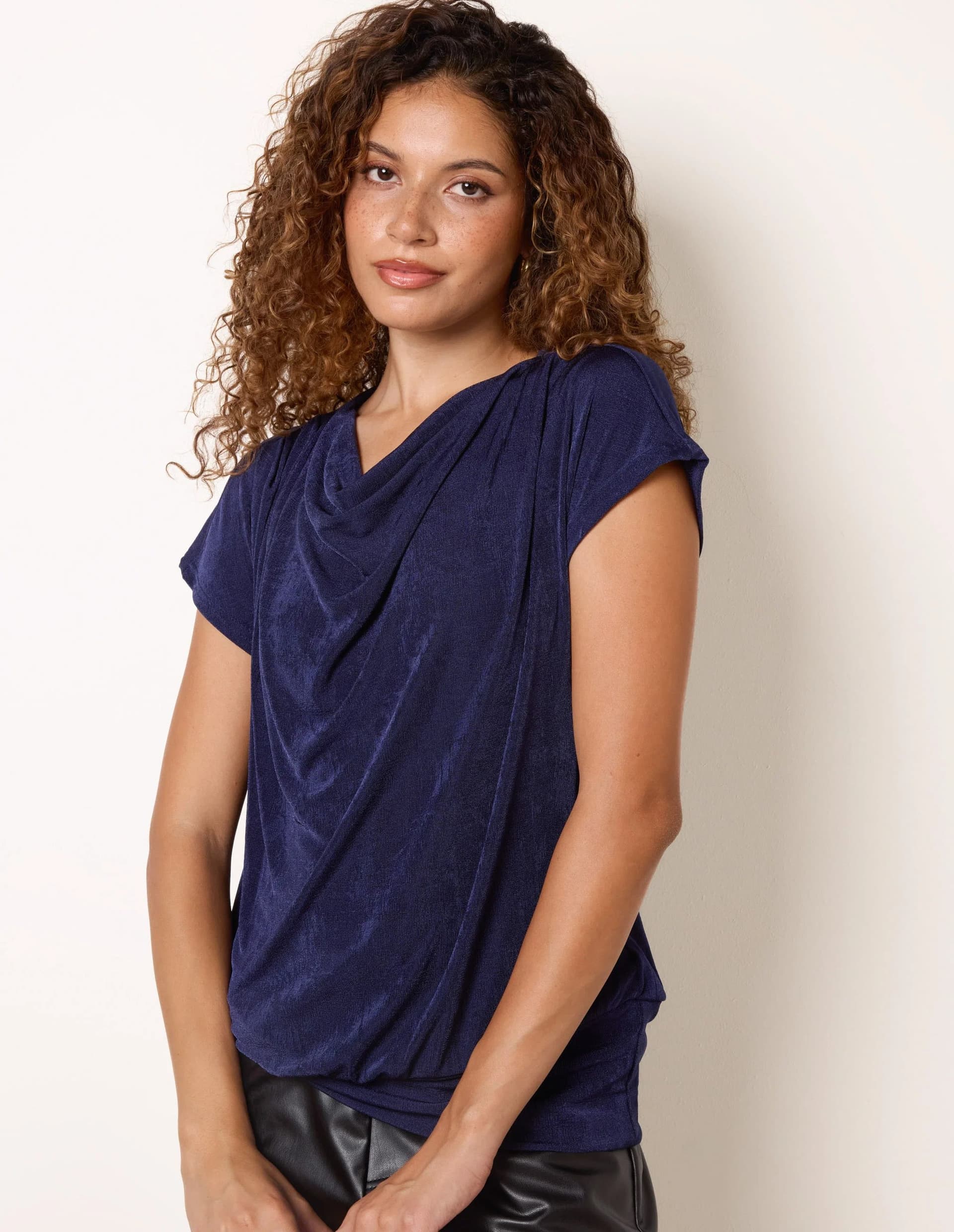 Blue Vanilla Draped Cowl Neck Deep Hem Top