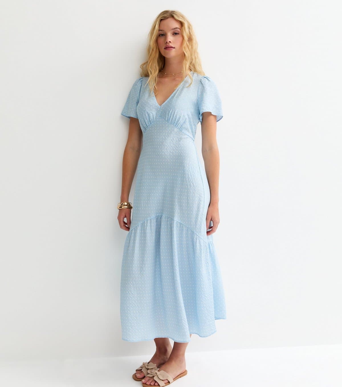 New Look Women's Blue Polka Dot Tiered Midi Tea Dress New Look