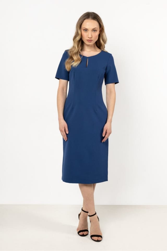Love Lace Love Lace Women's Tailored Day Dress with Boat Neck Slit in Blue - 2