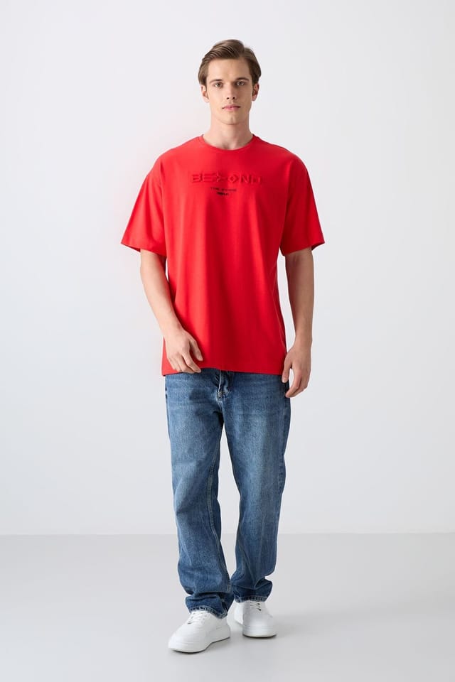 Tommy Life Tommy Life Men's Oversized Cotton-Polyester Logo T-Shirt in Red - 2
