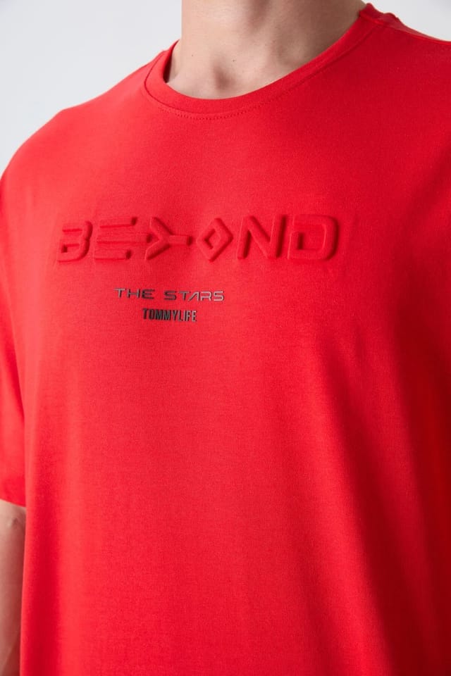Tommy Life Tommy Life Men's Oversized Cotton-Polyester Logo T-Shirt in Red - 3