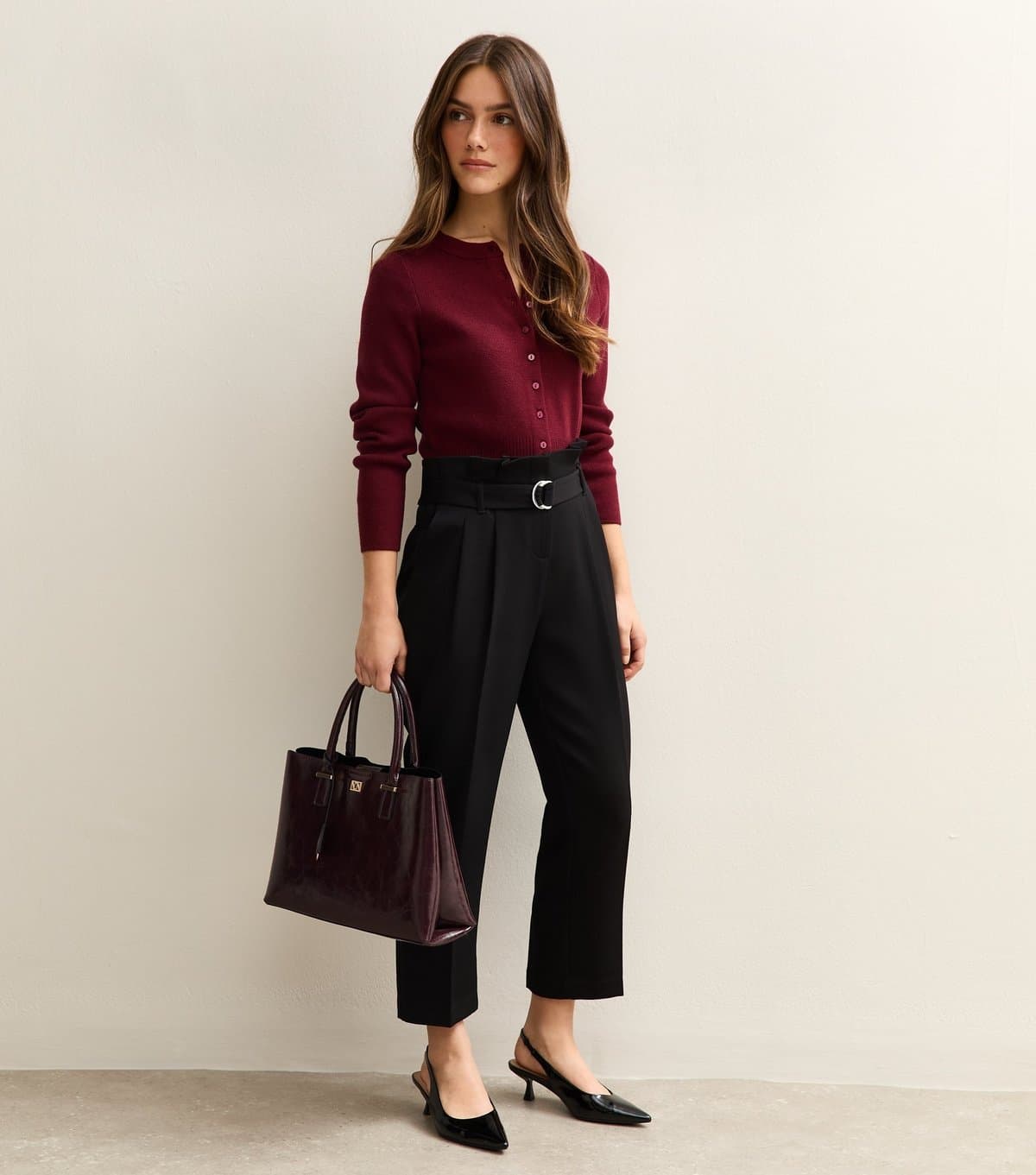 New Look Women's Petite Black D-Ring Belted Paperbag Trousers New Look
