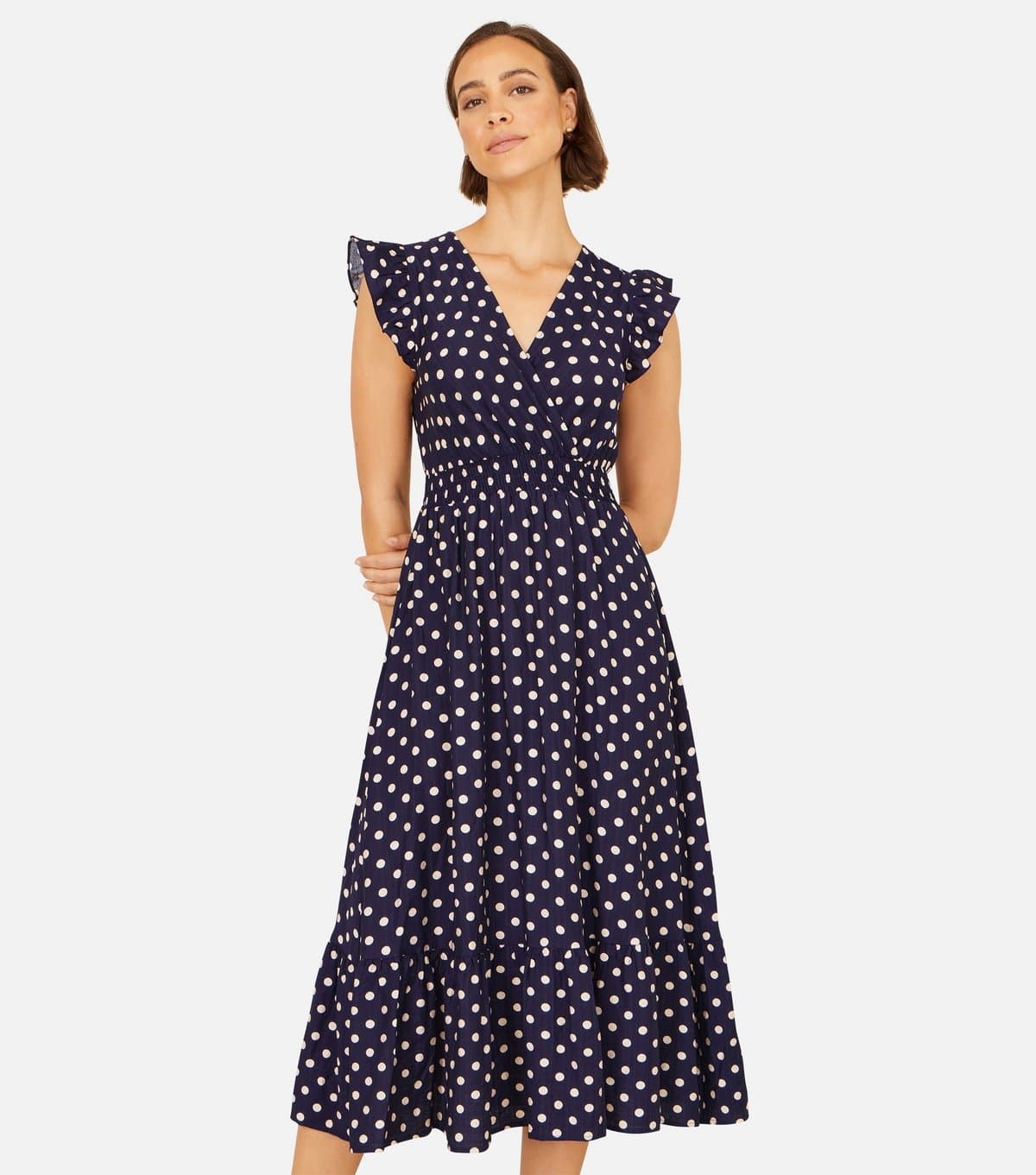 Yumi Women's Navy Spot Print Ruched Midi Dress Yumi New Look