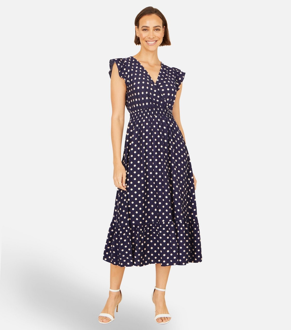 Yumi Women's Navy Spot Print Ruched Midi Dress Yumi New Look - 2