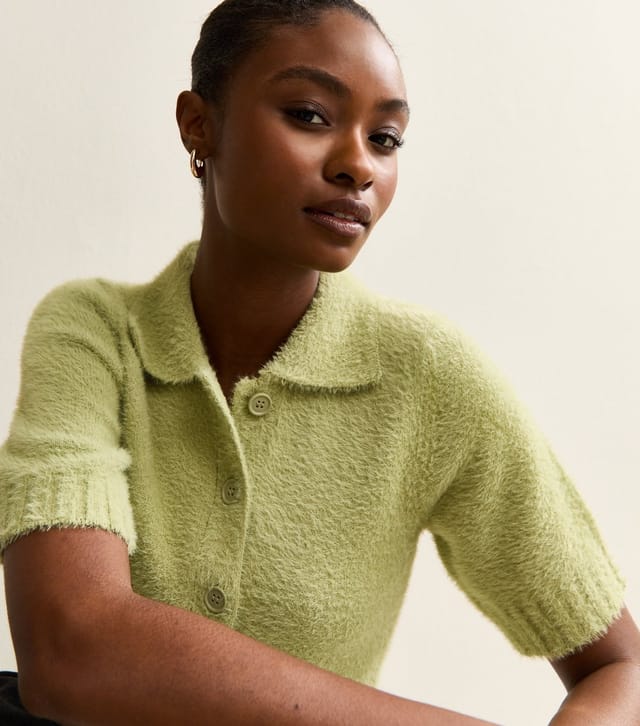 New Look Women's Light Green Fluffy Knit Short Sleeve Collared Cardigan New Look - 2