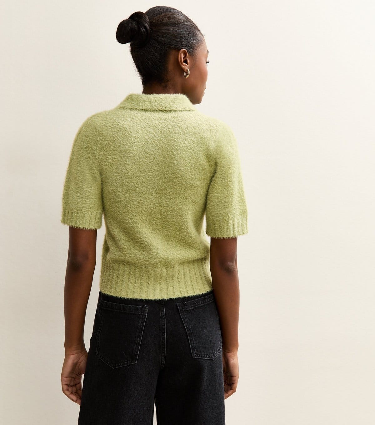 New Look Women's Light Green Fluffy Knit Short Sleeve Collared Cardigan New Look - 4