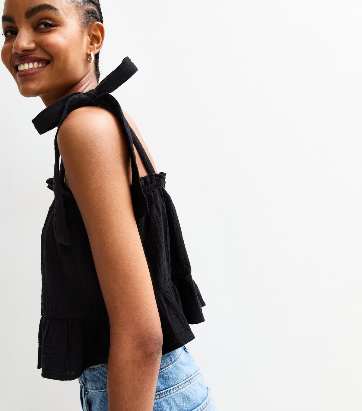 New Look Women's Tall Black Cotton Tie Shoulder Cami Top New Look