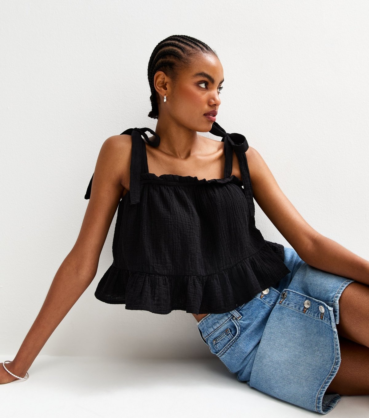 New Look Women's Tall Black Cotton Tie Shoulder Cami Top New Look - 2