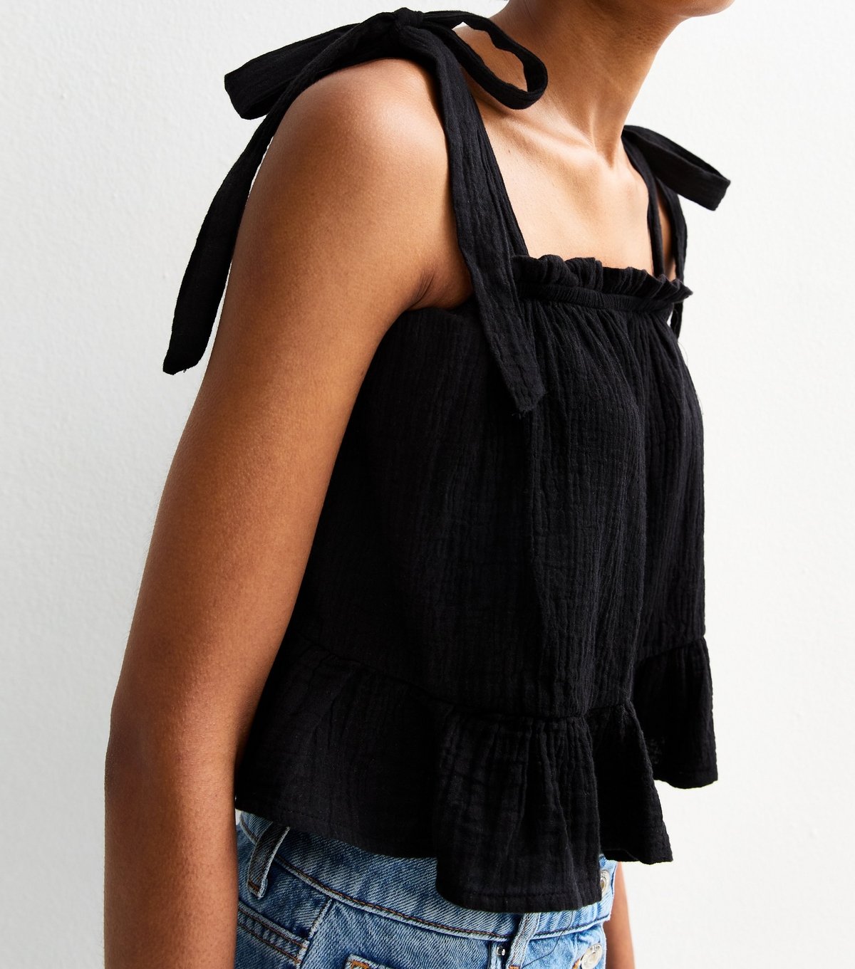 New Look Women's Tall Black Cotton Tie Shoulder Cami Top New Look - 3