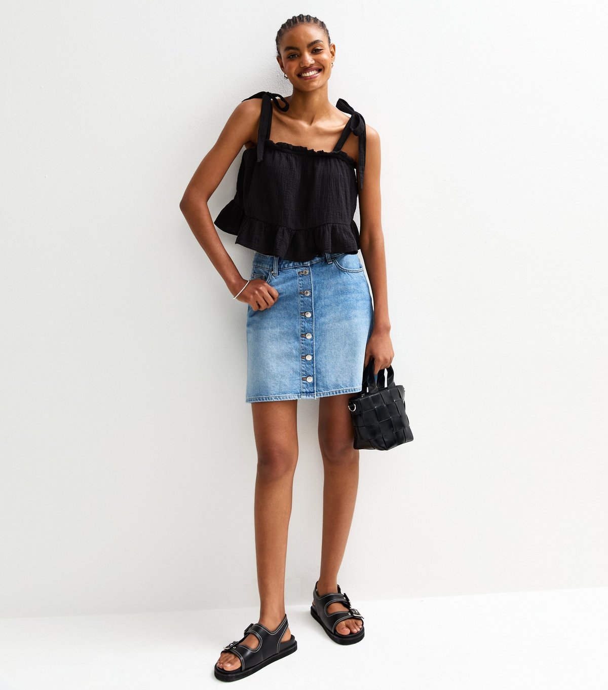 New Look Women's Tall Black Cotton Tie Shoulder Cami Top New Look - 4