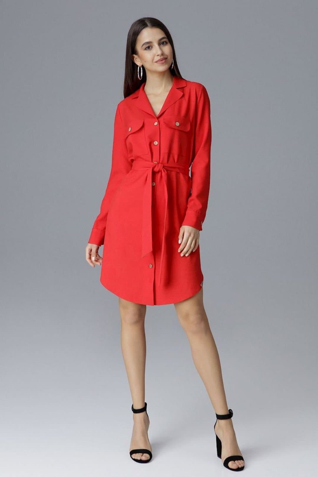 Love Lace Love Lace Women's Button Pocket Shirt Dress with Waist Tie in Red
