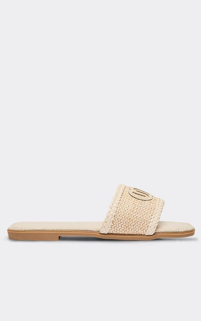EGO Combo Logo Woven Detail Flat Slider Sandal In Beige Faux Leather, Women's Size UK 3 - 2