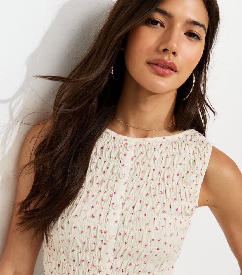 New Look Women's Cream Floral Shirred Button Through Top New Look - 1