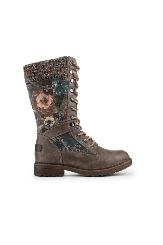 Pavers Pavers Women's Tall Lace Up Boots With Knitted Ankle Cuff in Taupe - 2