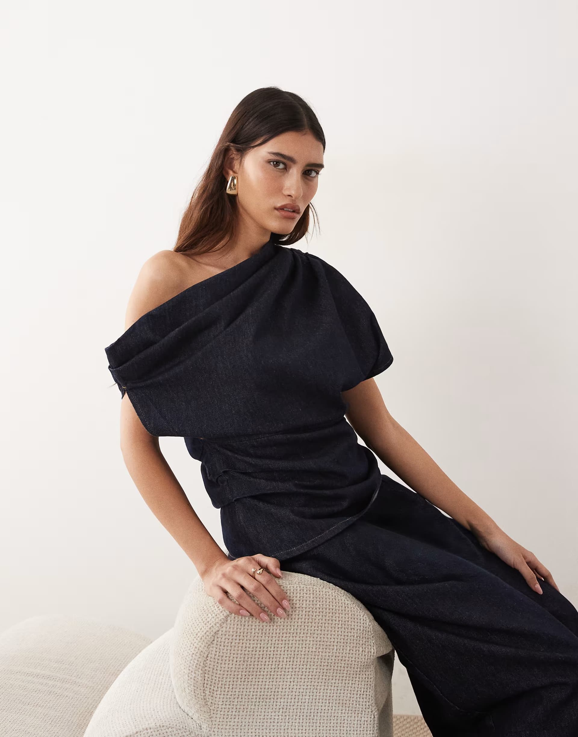 ASOS ARRANGE denim off shoulder pleat waist top co-ord in indigo