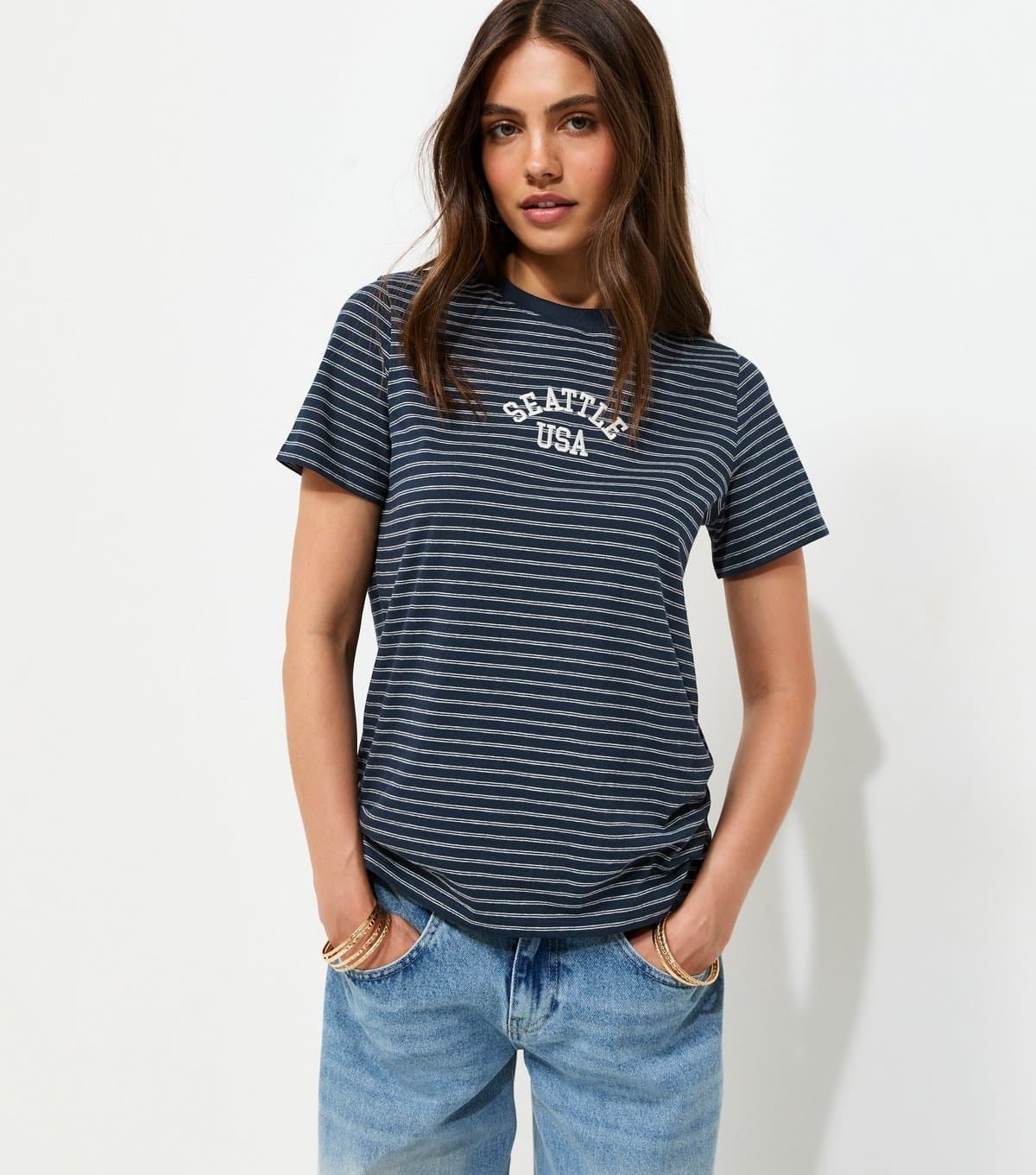 New Look Women's Blue Cotton Rich Striped Seattle USA Embroidered T-Shirt New Look