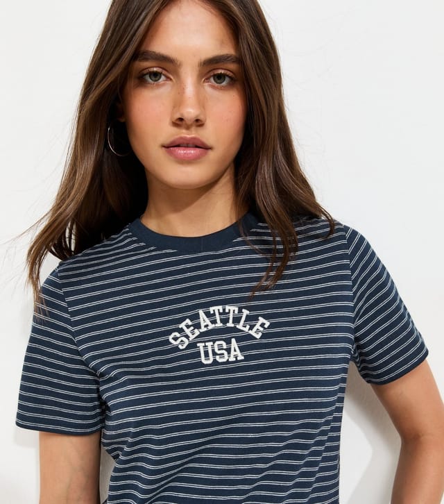 New Look Women's Blue Cotton Rich Striped Seattle USA Embroidered T-Shirt New Look - 2