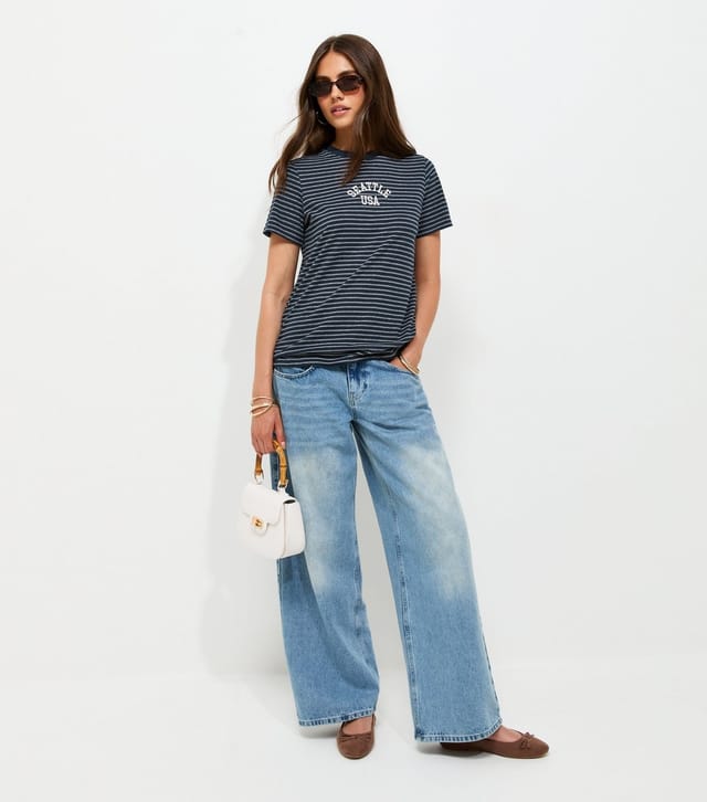 New Look Women's Blue Cotton Rich Striped Seattle USA Embroidered T-Shirt New Look - 3