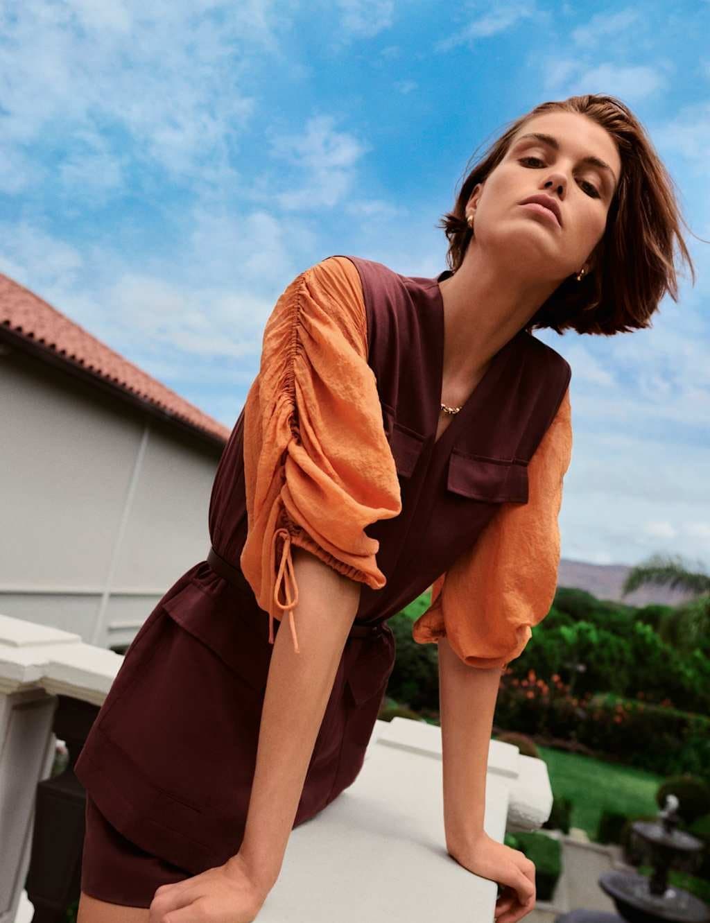 Marks & Spencer M&S V-Neck Shirred Button Through Blouse Orange