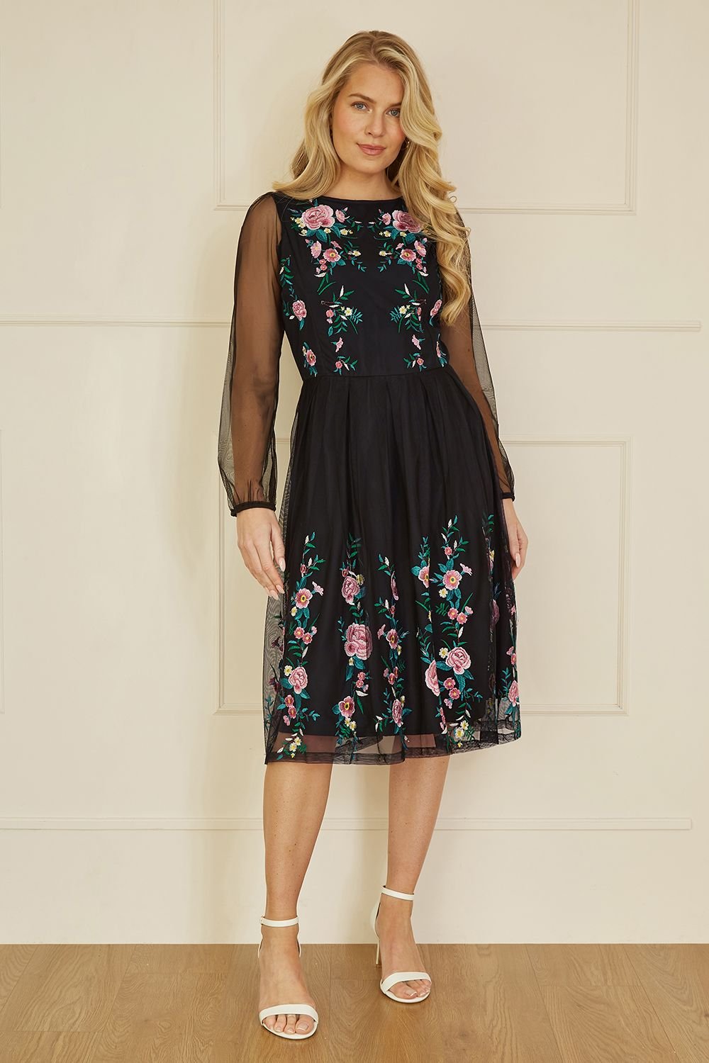 Yumi Yumi Women's Black Embroidered Long Mesh Sleeve Prom Skater Dress - 2