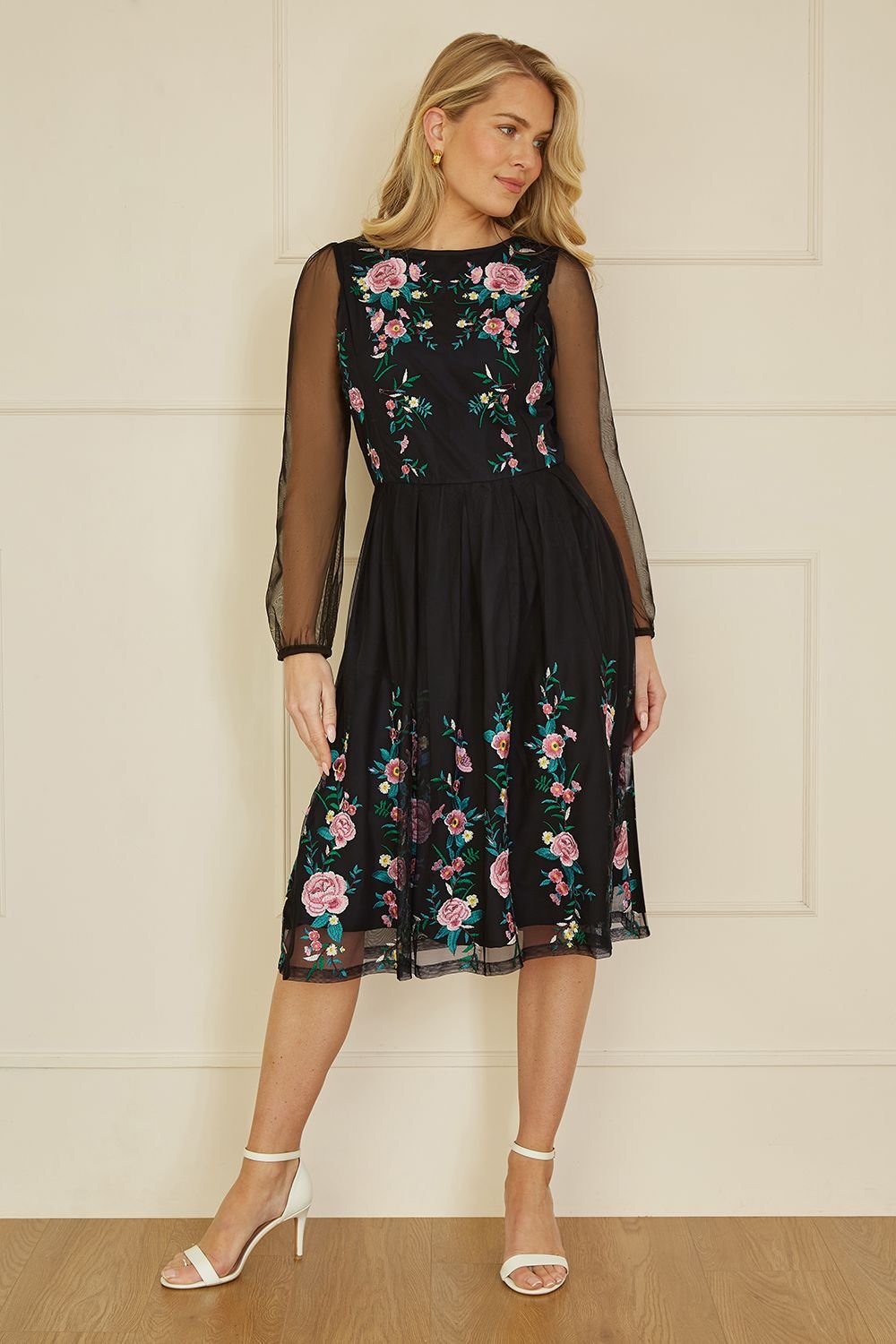 Yumi Yumi Women's Black Embroidered Long Mesh Sleeve Prom Skater Dress - 3