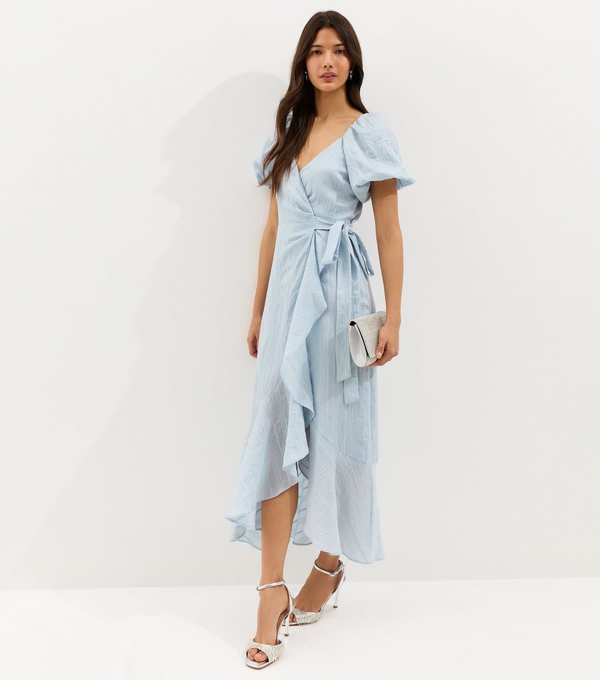 New Look Women's Light Blue Textured Ruffle Trimmed Wrap Midi Dress New Look
