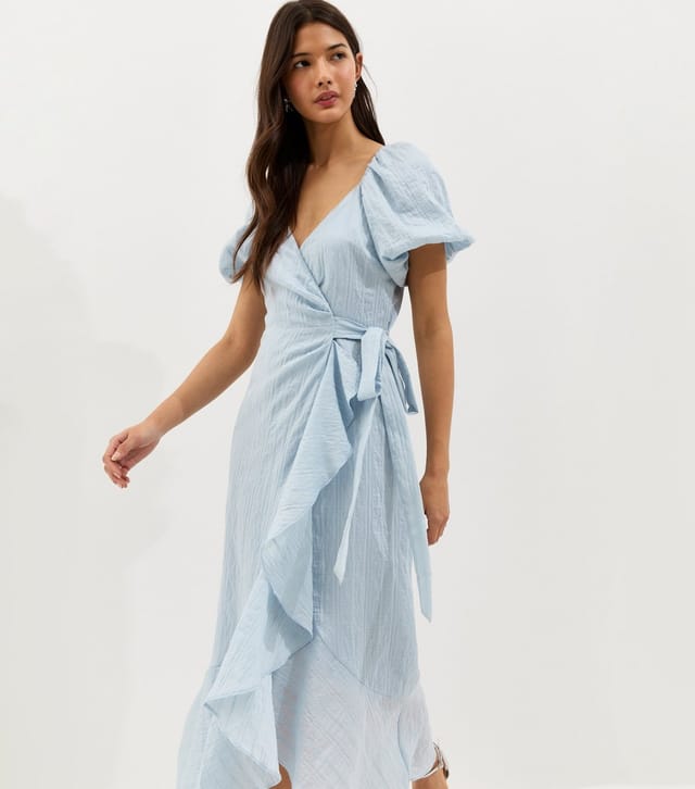 New Look Women's Light Blue Textured Ruffle Trimmed Wrap Midi Dress New Look - 3