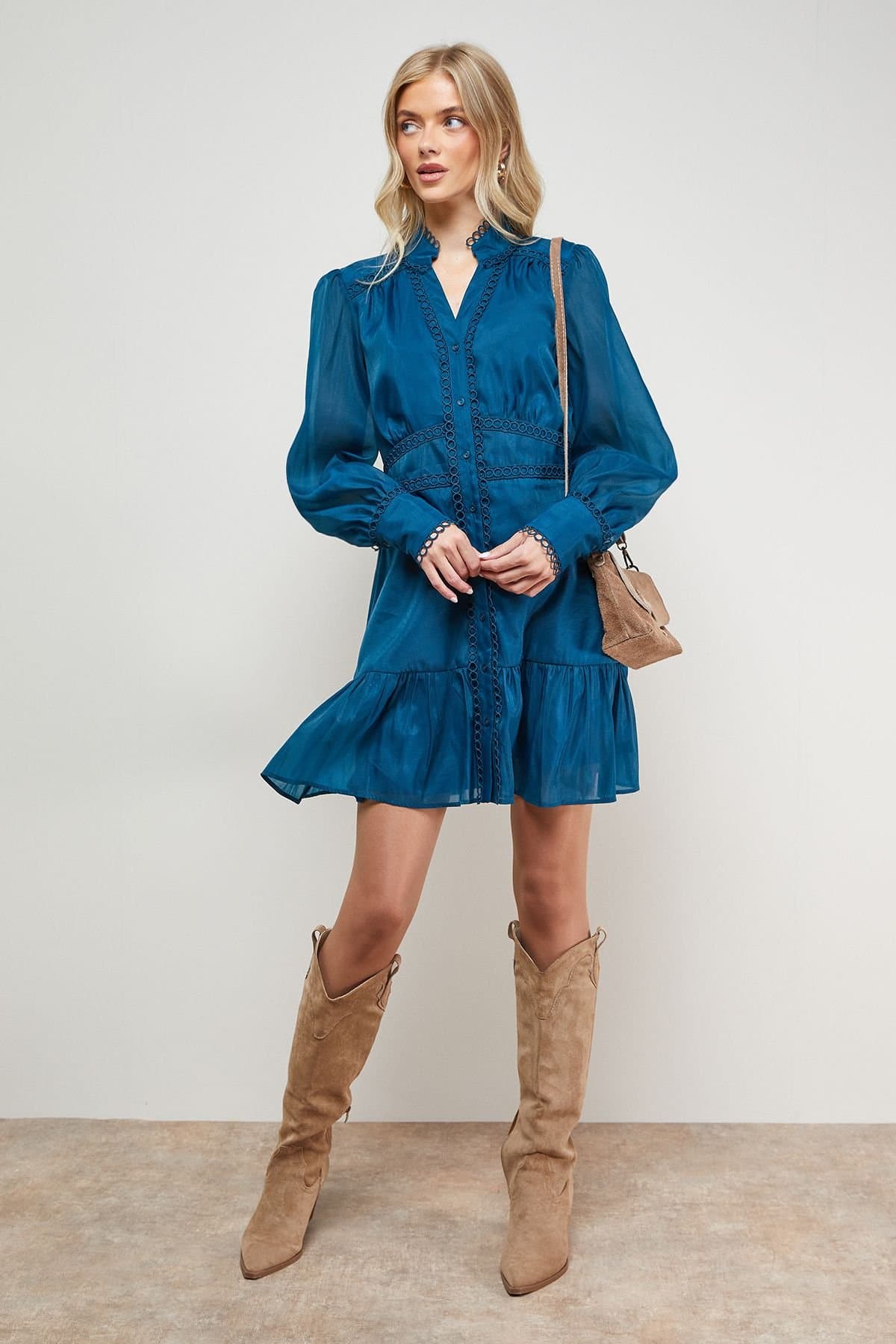 Oasis Oasis Women's Organza Lace Trim Shirt Mini Dress in Teal