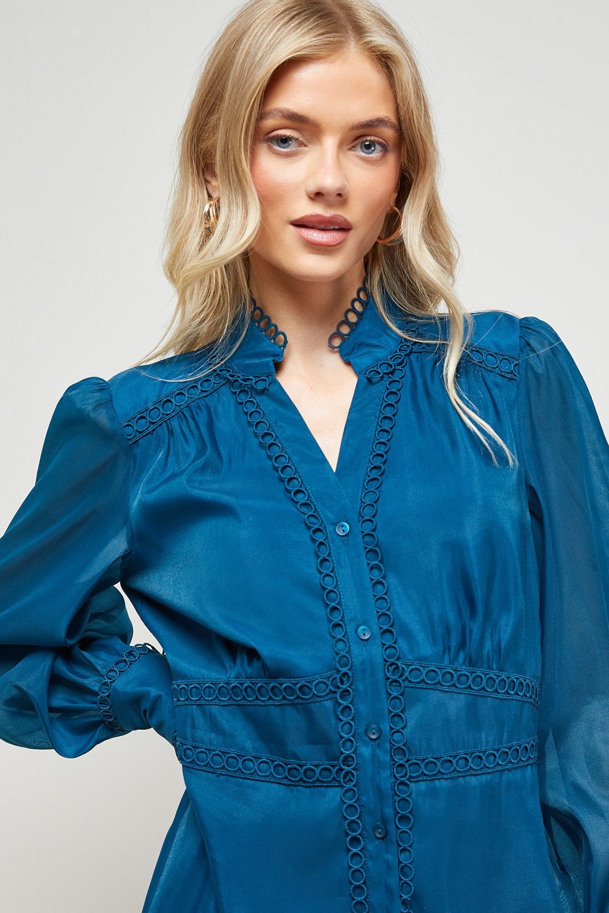 Oasis Oasis Women's Organza Lace Trim Shirt Mini Dress in Teal - 3