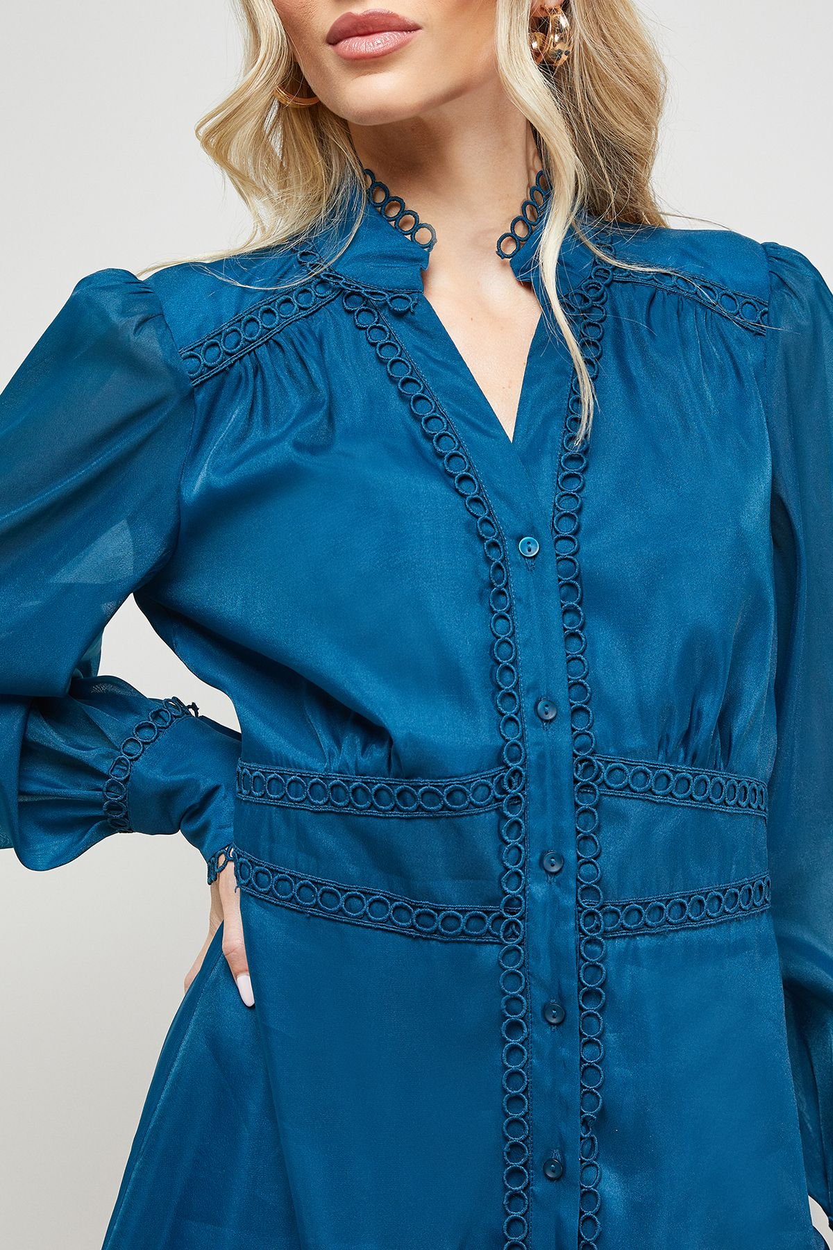 Oasis Oasis Women's Organza Lace Trim Shirt Mini Dress in Teal - 4