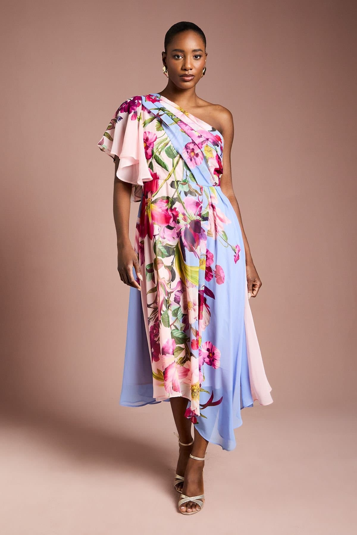 Coast Coast Women's One Shoulder Floral Printed Chiffon Dress in Light Blue