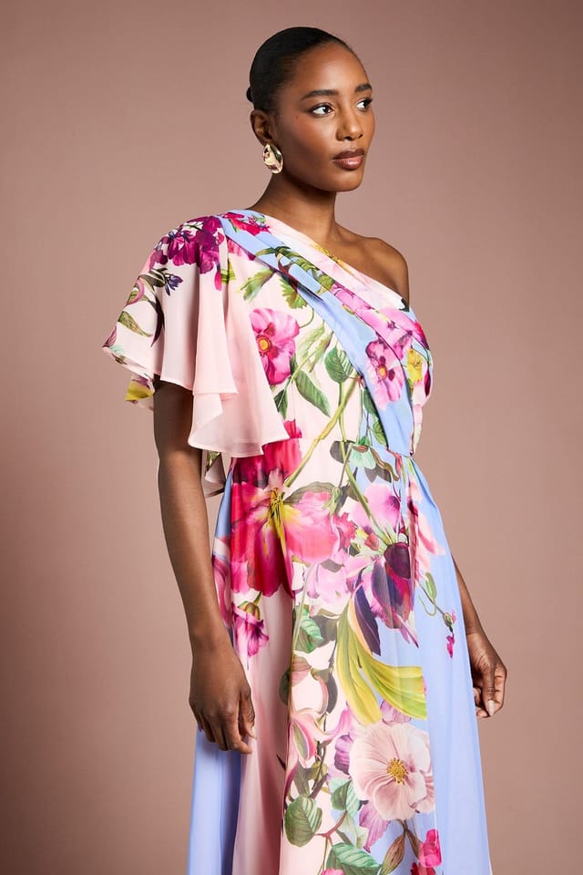 Coast Coast Women's One Shoulder Floral Printed Chiffon Dress in Light Blue - 2